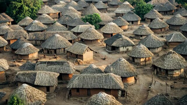 Huts in a Zambian village captured from above during the golden hour, Huts of Zambia village soaring shot