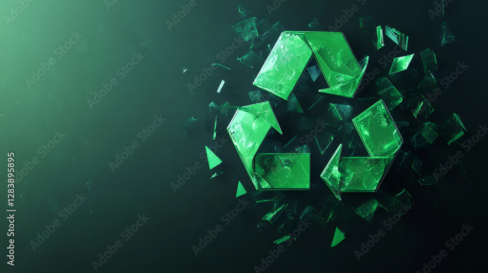 Poster Glass recycle symbol exploding on dark green background, representing fragility of recycling and environmental issues