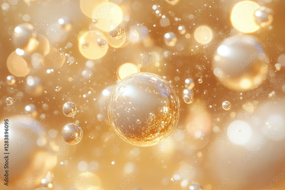 Poster Golden spheres float in a shimmering, bokeh-filled background, creating a luxurious and elegant visual.