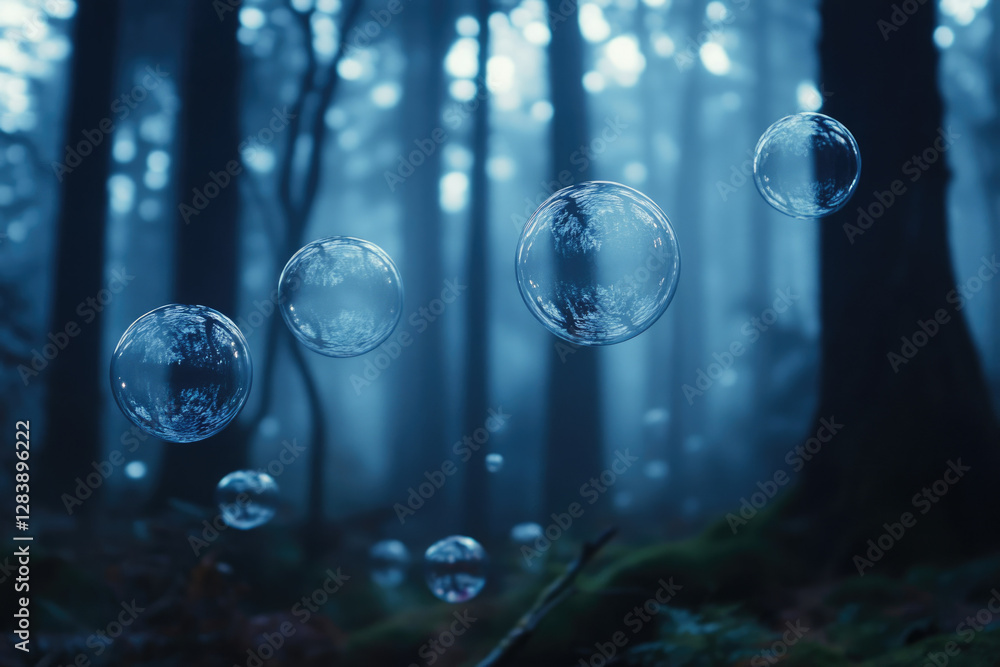 Aufkleber Enchanted forest scene with floating soap bubbles reflecting the misty trees.