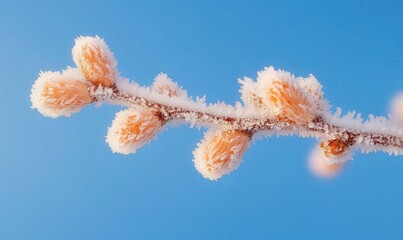 Frosty Peach-Colored Buds on a Branch Against a Clear Blue Sky