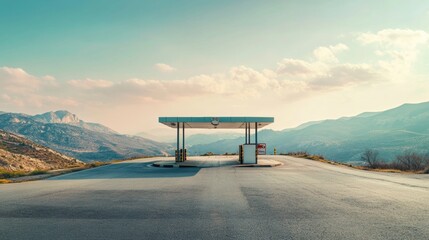 A toll booth on a mountain highway with sweeping views. Featuring no cars and warm sunlight