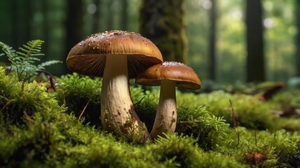 Boletus mushrooms growing in green moss covered forest