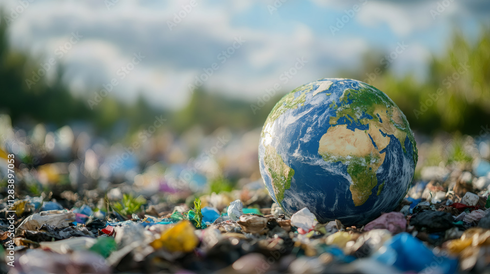 Poster miniature globe resting on discarded trash, depicting global environmental degradation and critical 