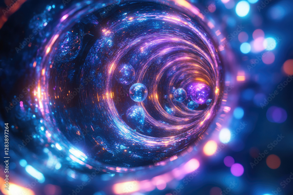 Poster A mesmerizing cosmic tunnel with swirling lights and floating orbs, creating a vibrant, otherworldly scene.