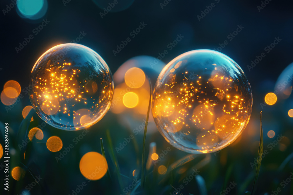 Poster two luminous soap bubbles, filled with golden sparkles, rest gently on grass blades, illuminated by 