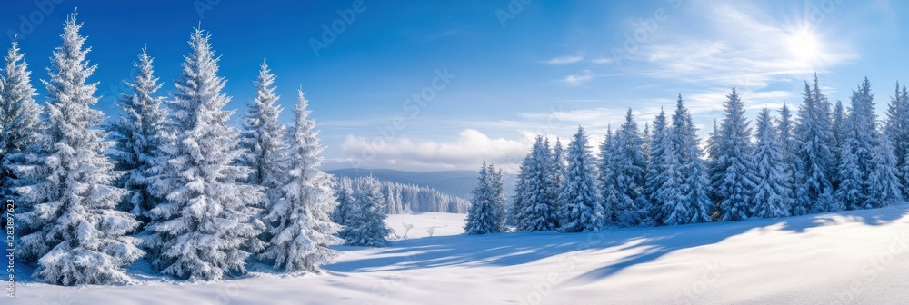 Poster snow covered trees create a serene winter landscape in a quiet mountain area during bright daylight.