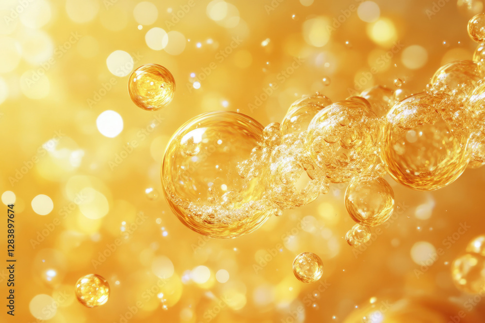 Poster Golden oil bubbles float on a shimmering, bokeh background. Luxurious and elegant texture.