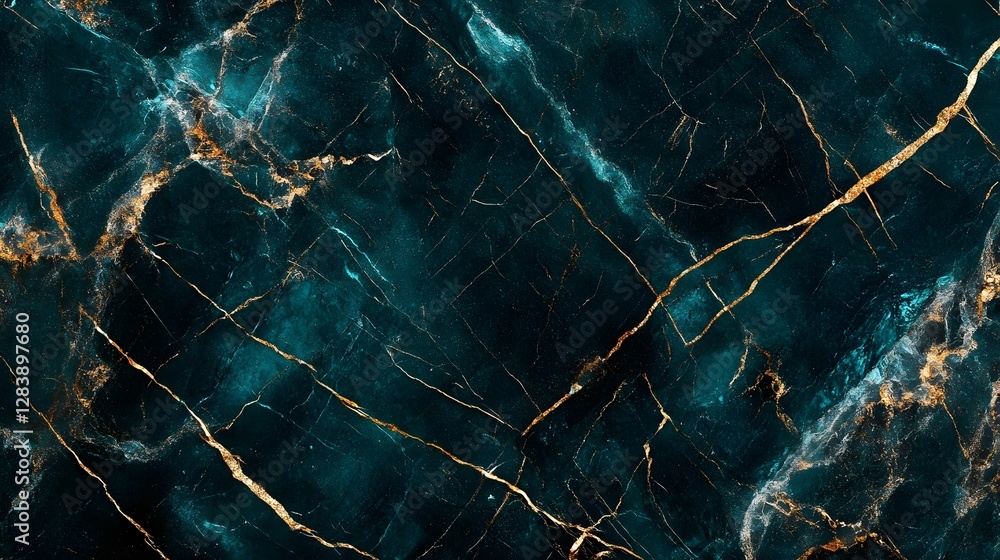 Poster Exquisite teal and gold marble texture background with intricate veins and fractal patterns  This material is perfect for branding packaging website design