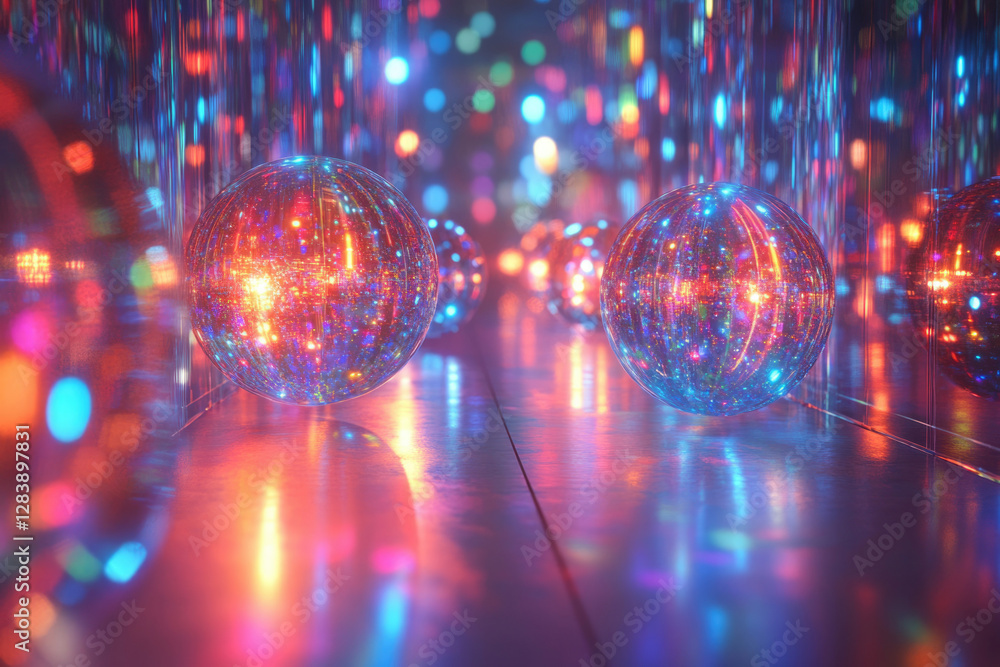 Poster reflective spheres illuminated by vibrant, multicolored lights in a mirrored corridor.