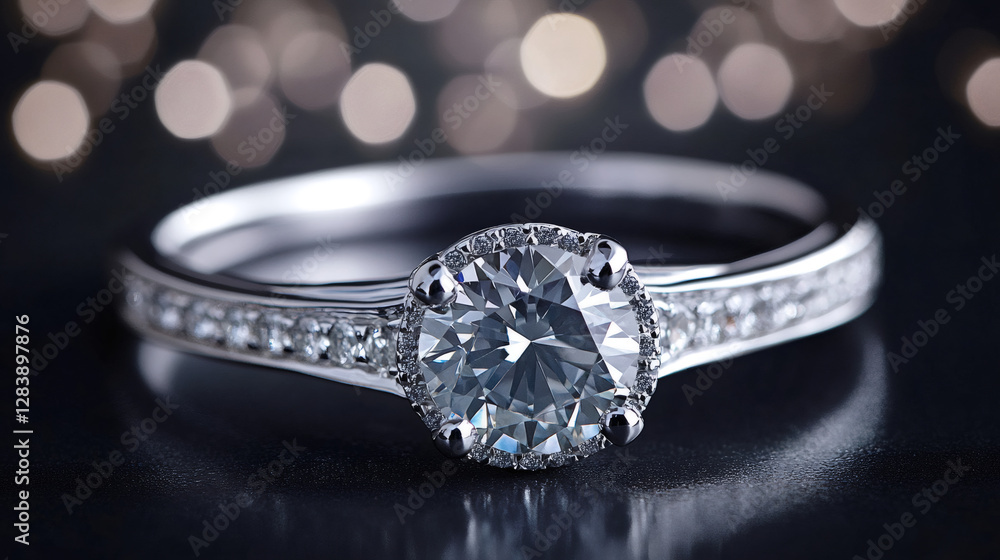 Poster Close-up of elegant diamond ring sparkling on dark reflective surface with beautiful bokeh in background