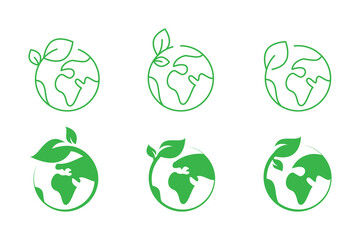 Six green earth icons with leaves suitable for environmental websites