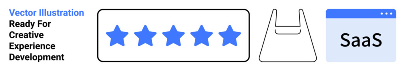 Five stars, minimal shopping bag outline, and SaaS interface. Ideal for ratings, reviews, online shopping, e-commerce platforms, customer feedback SaaS marketing and modern UIUX. Perfect flat