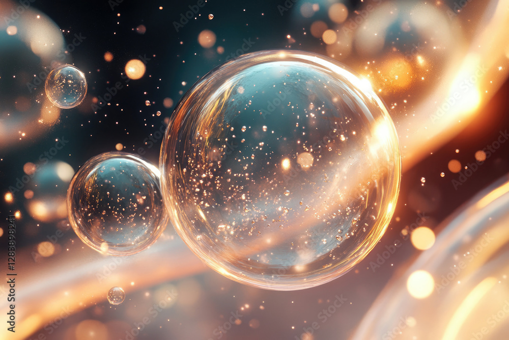 Poster Glowing translucent spheres filled with golden particles float in a dark, bokeh-filled space.