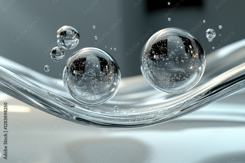 Fototapete large and small transparent spheres float on a liquid surface with tiny bubbles.
