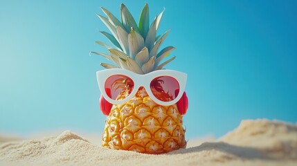 cool pineapple on beach with sunglasses and headphones