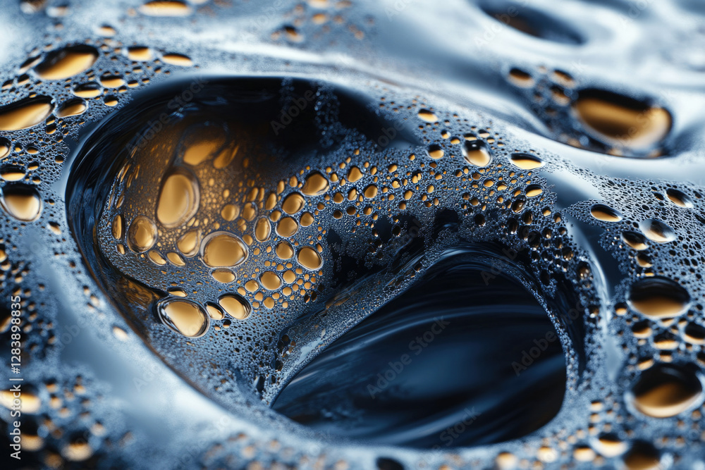 Poster Abstract close-up of a dark liquid surface with golden bubbles, creating a mesmerizing texture.