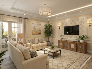 A bright, elegant living room, with neutral tones and classic decor, features soft lighting and French doors that connect to the outside