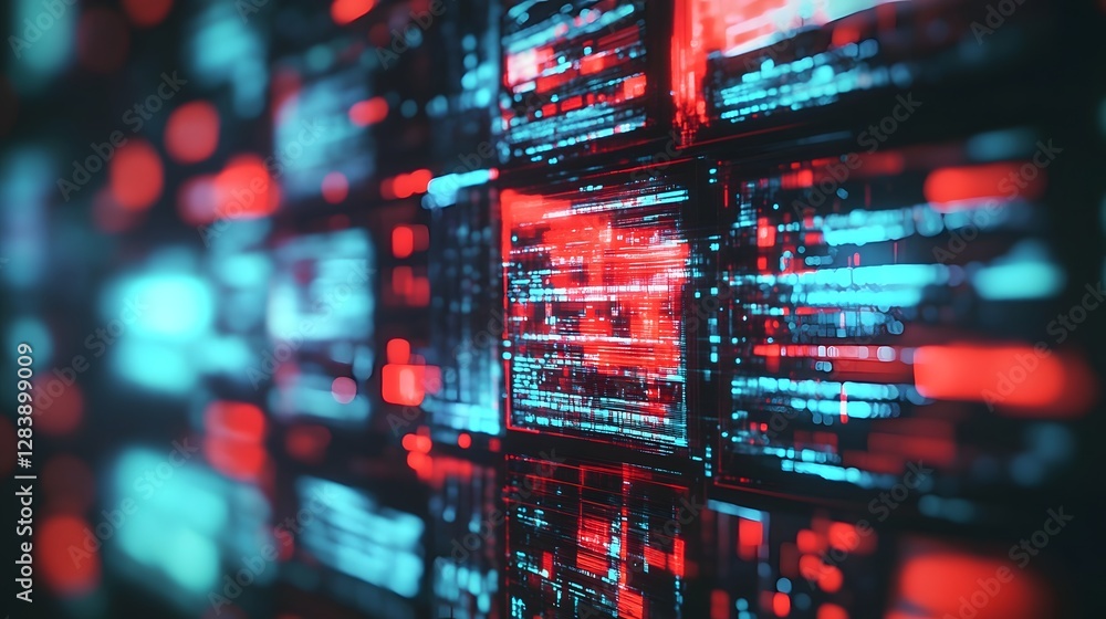 Leinwandbilder Futuristic digital code matrix with glowing data stream and various tech interfaces  Cyberpunk inspired abstract background with binary code algorithm and information technology concepts