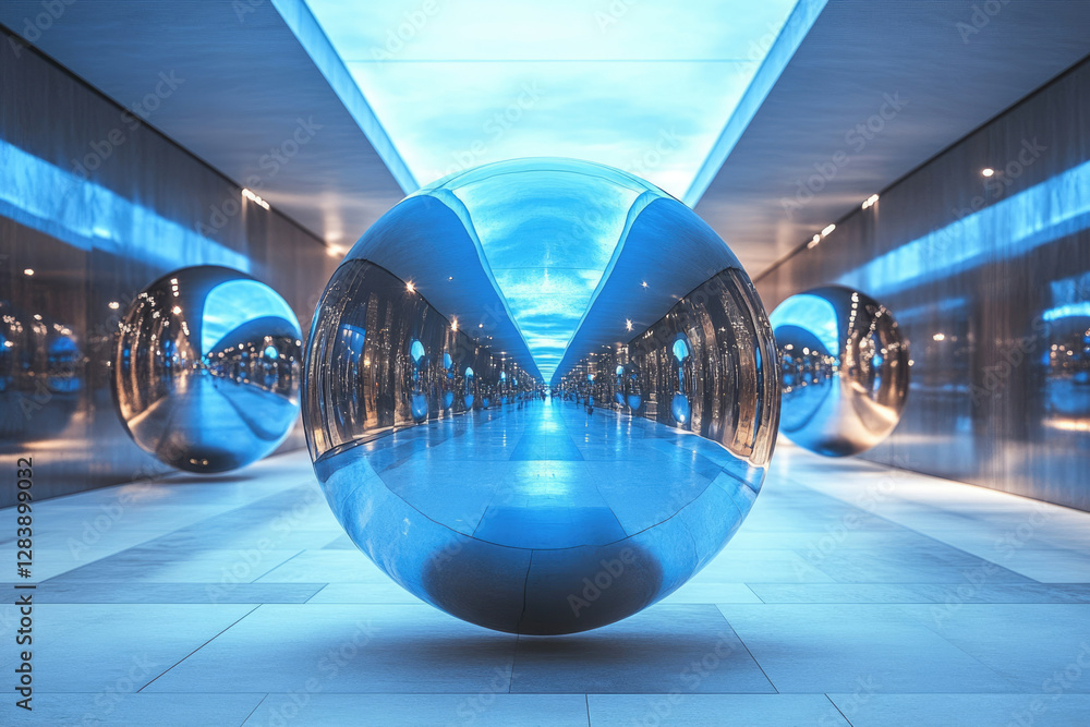 Aufkleber a large, reflective sphere dominates a futuristic hallway, mirroring its architecture and creating a
