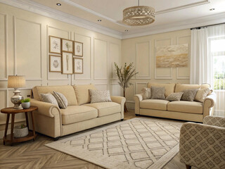 Fototapeta premium Sophisticated and inviting, this living room combines classic architectural elements with comfortable furniture and soft lighting, creating a stylish and welcoming space