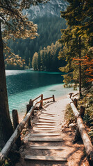 A path leading to the shore of an emerald lake
