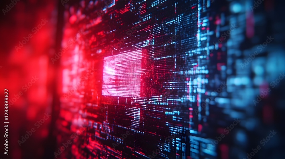Poster Futuristic digital data network background with glowing neon red and blue lights abstract technology and computer science concept with illuminated algorithm and coding matrix patterns