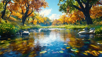 Fototapeta premium Autumn stream flows through golden forest; peaceful nature scene for calendar or website