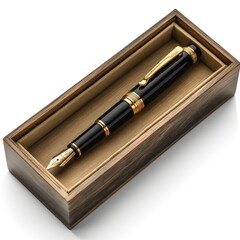 Naklejka premium An elegant black fountain pen with gold accents, beautifully presented in a wooden box.