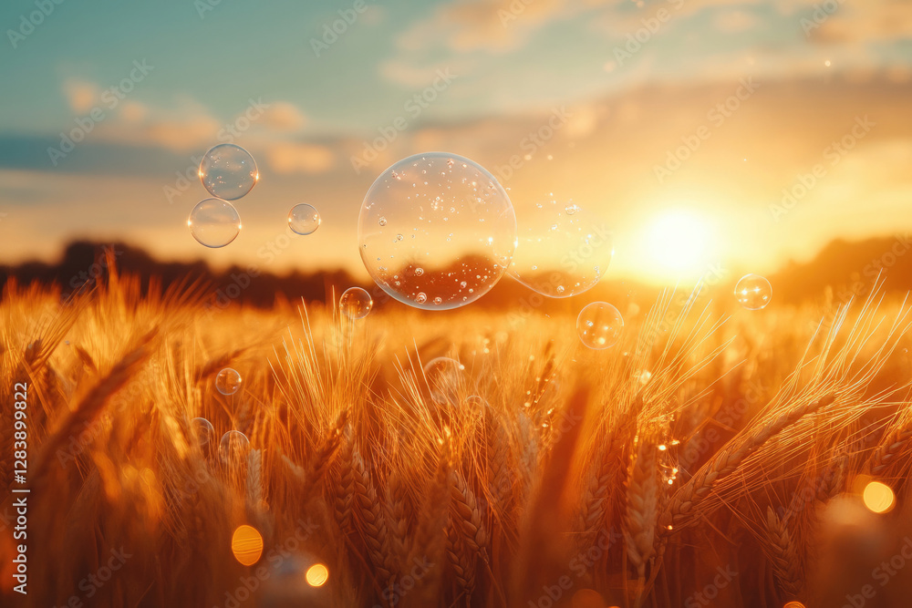 Poster bubbles float over a golden wheat field at sunset, creating a magical, serene scene.