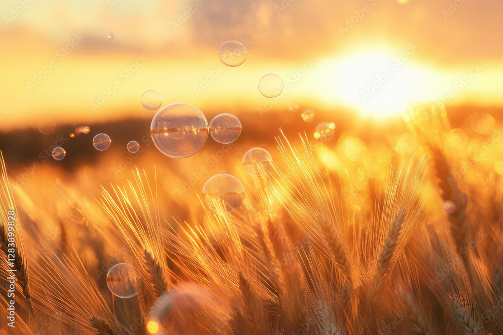 Poster golden wheat field at sunset with floating soap bubbles, a serene and magical scene.