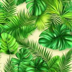 Tropical leaves seamless pattern. Realistic, vibrant green tropical leaves on a cream background.