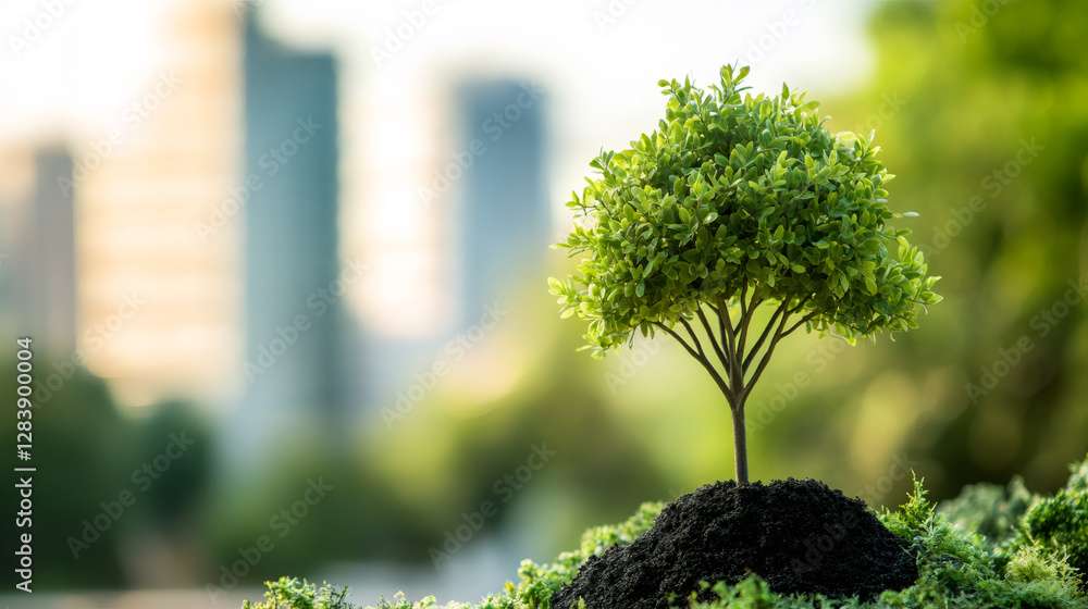 Poster lush green tree growing on pile of fertile soil representing urban reforestation and environmental c