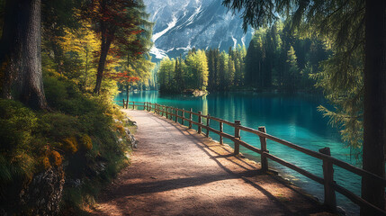 A path leading to the shore of an emerald lake
