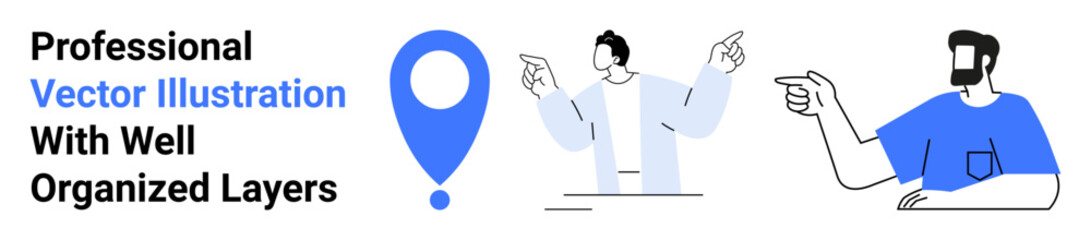 Two individuals in casual clothing pointing towards a blue pin marker symbolizing location, guidance, or navigation. Ideal for travel, navigation tools, collaboration, digital maps, teamwork, route