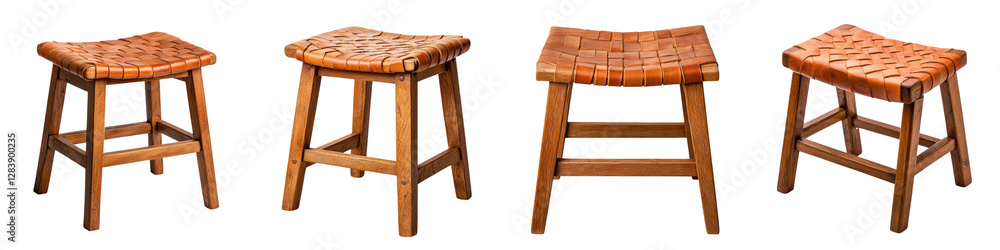 Poster collection of handcrafted wooden stools with unique rustic designs and patterns perfect for adding a