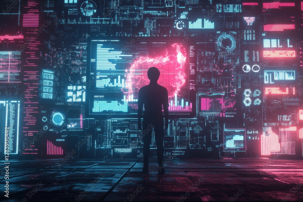 Fototapete Human silhouette engages with futuristic AI graphs and data visualizations in a high tech environment filled with analytical charts. Generative AI