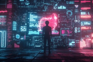 Human silhouette engages with futuristic AI graphs and data visualizations in a high tech environment filled with analytical charts. Generative AI