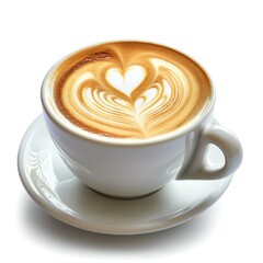 A beautifully crafted latte with heart-shaped foam art in a white cup on a saucer, evoking warmth and comfort.