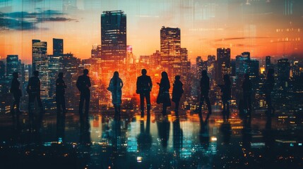 A group of businesspeople participates in an animated discussion while silhouetted against a breathtaking city skyline at sunset. The vibrant colors reflect their enthusiasm for collaboration