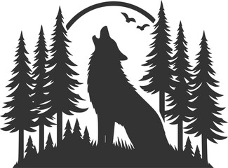A wolf howling in a dense forest with tall trees vector animal silhouette © LUTHFAN NAHAR LABONY