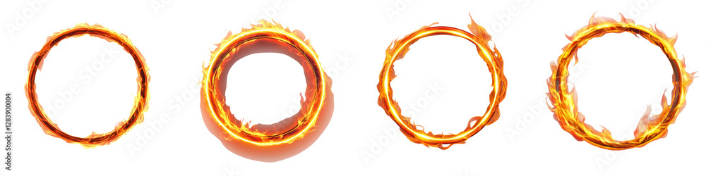 Poster a series of abstract fiery rings and loops that blaze with swirling motion energy and intense power 