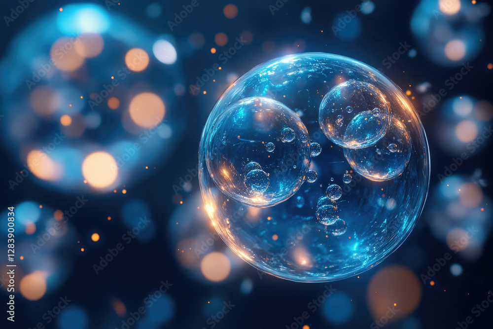 Aufkleber a mesmerizing image of a large, translucent sphere containing smaller glowing bubbles, set against a