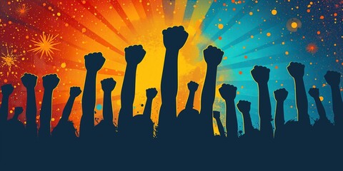 Silhouette of raised fists against a vibrant, colorful background symbolizing unity and resistance.