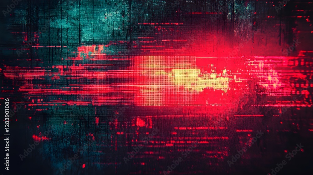 Fototapete Futuristic digital glitch abstract background with vibrant neon color gradients distortion effects and geometric patterns resembling data code and intelligence systems