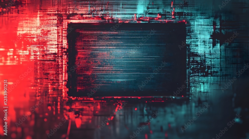 Fototapete Futuristic digital glitch abstract neon frame display background with dynamic red and blue light patterns experimental modern art for technology science fiction or multimedia design