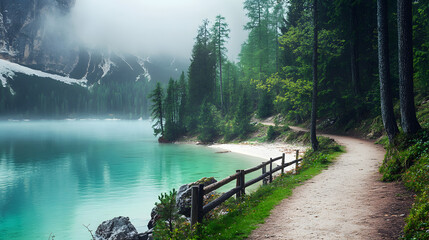 A path leading to the shore of an emerald lake
