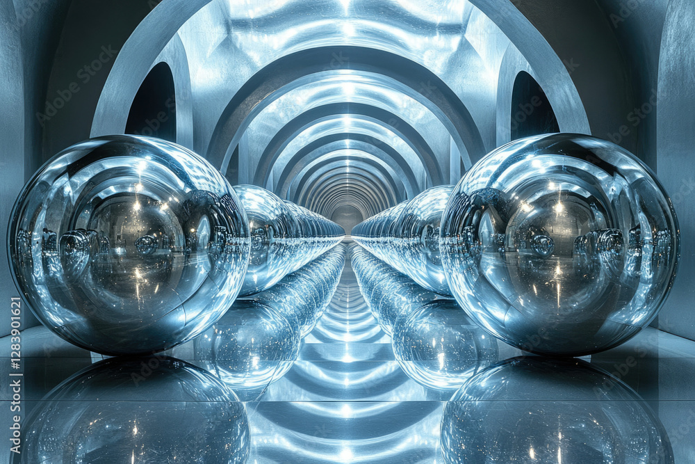 Aufkleber Infinite mirrored spheres line an arched hallway, creating a mesmerizing, symmetrical illusion of depth and endless reflection.