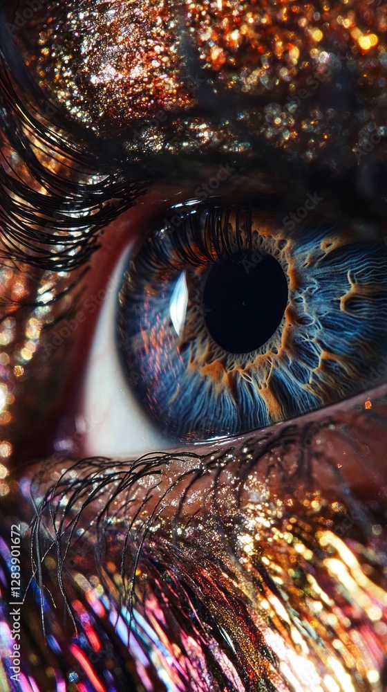 Poster an extreme close up highlights the beauty and complexity of a vibrant eye adorned with dazzling colo