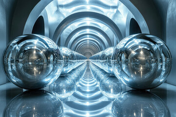 Infinite mirrored spheres line an arched hallway, creating a mesmerizing, symmetrical illusion of depth and endless reflection.